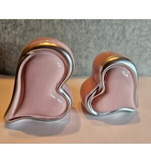 Hearts Salt and Pepper Set Stoneware Pink Silver trim NEW